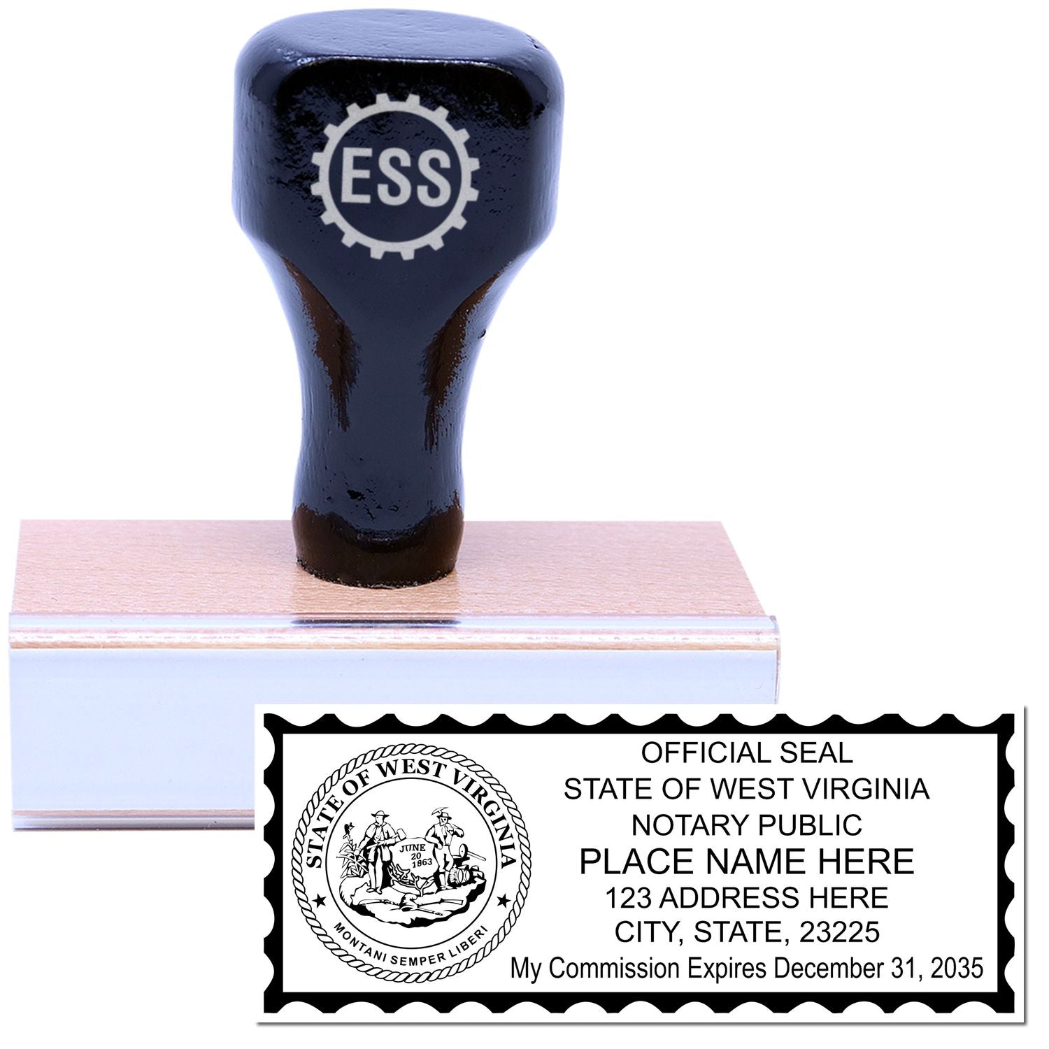 The main image for the Wooden Handle West Virginia State Seal Notary Public Stamp depicting a sample of the imprint and electronic files