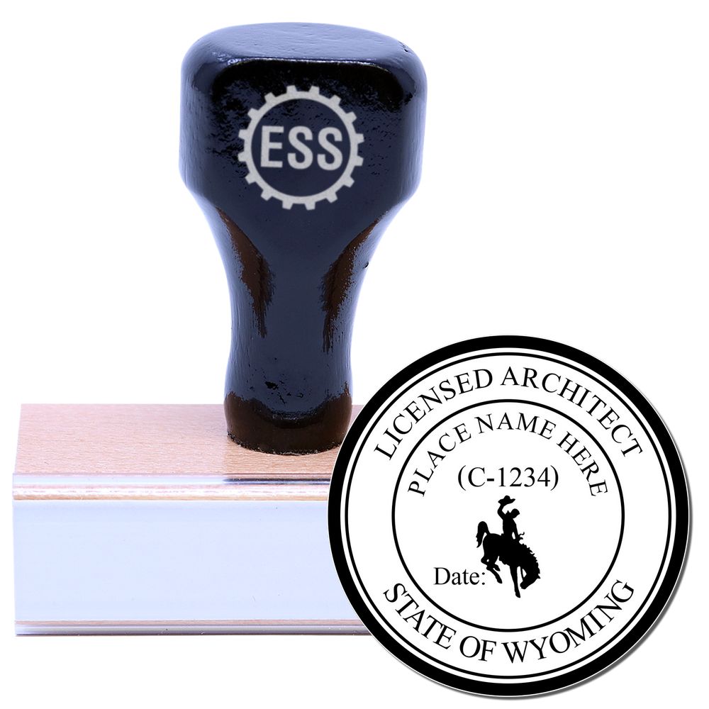 Wooden handle rubber stamp with the Wyoming Architect Seal Stamp design, featuring Licensed Architect and State of Wyoming text.