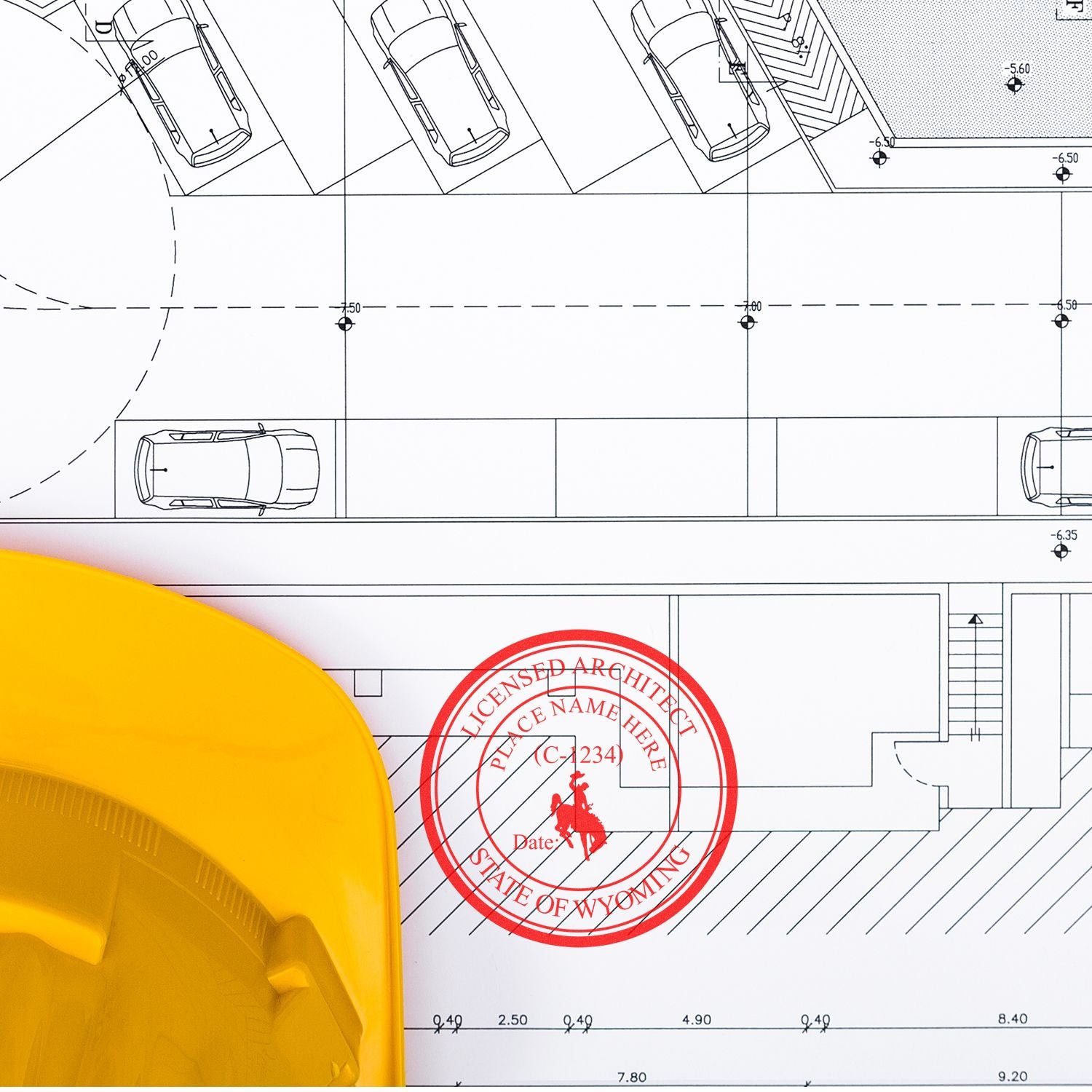 Digital Wyoming Architect Stamp, Electronic Seal for Wyoming Architect, on a blueprint with a yellow hard hat in the foreground.