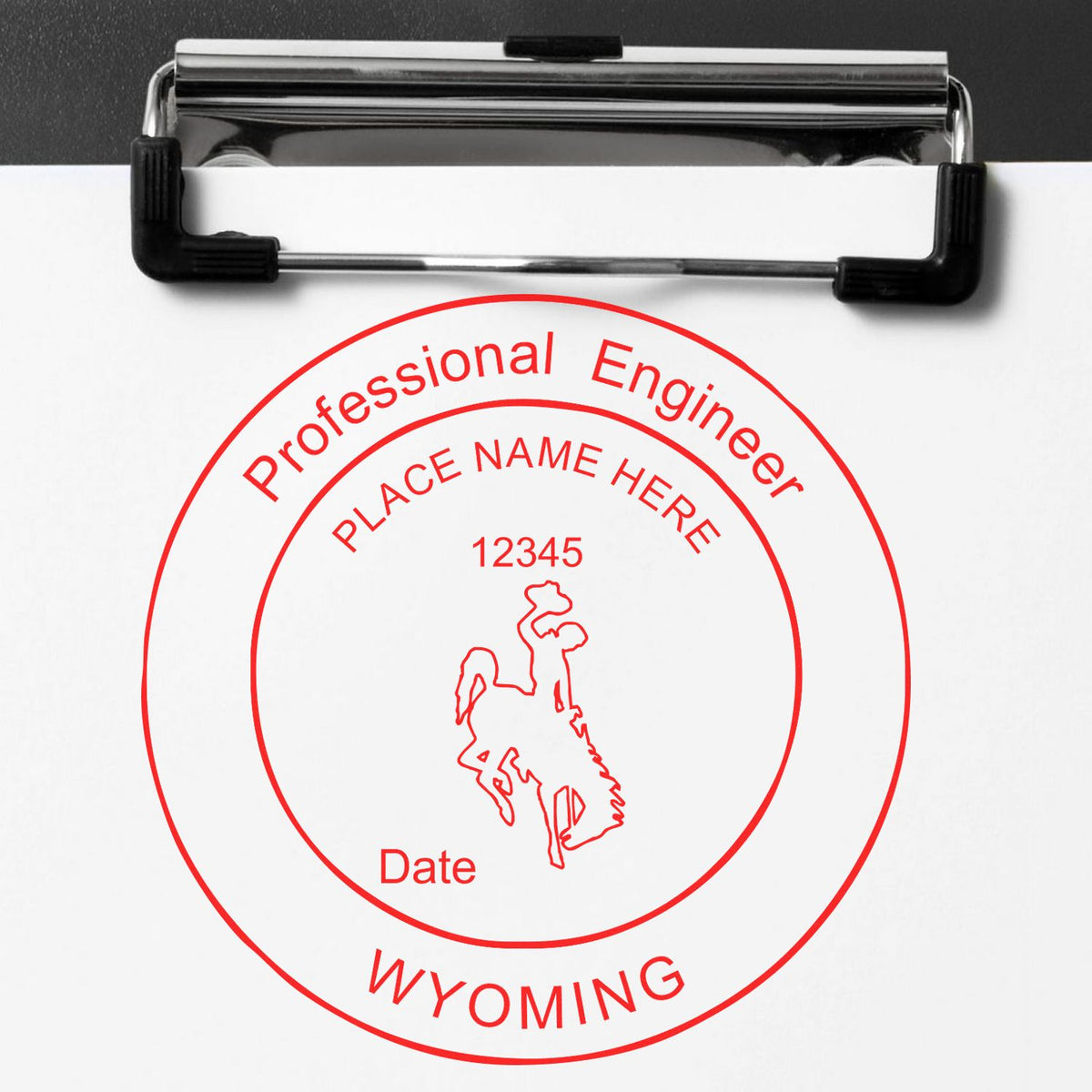 A photograph of the Premium MaxLight Pre-Inked Wyoming Engineering Stamp stamp impression reveals a vivid, professional image of the on paper.