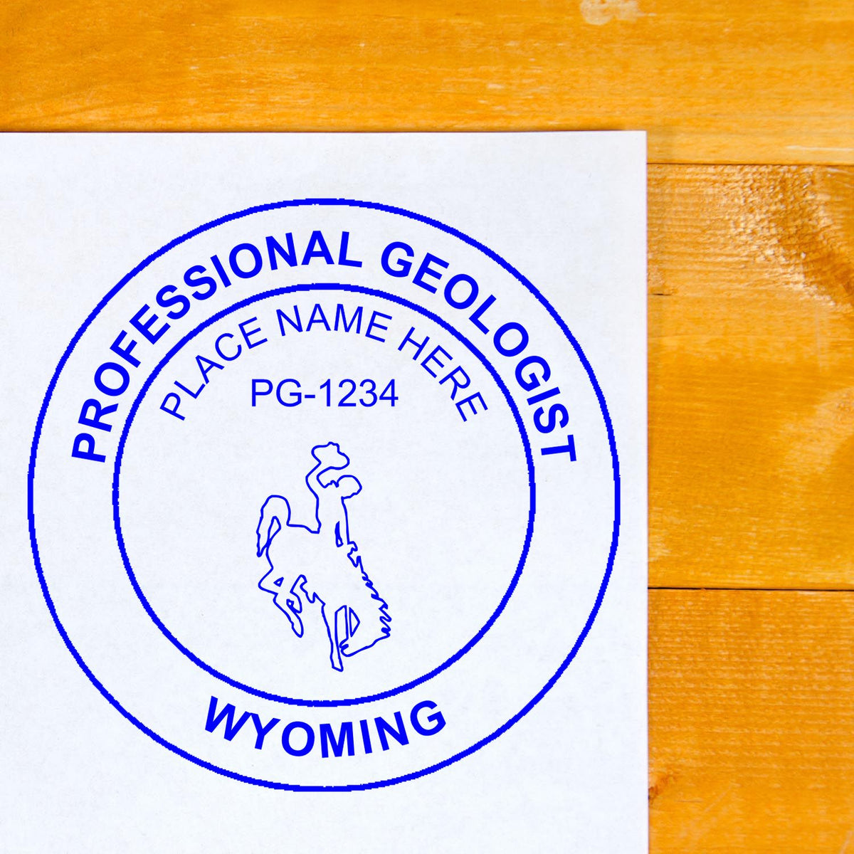 The Slim Pre-Inked Wyoming Professional Geologist Seal Stamp stamp impression comes to life with a crisp, detailed image stamped on paper - showcasing true professional quality.