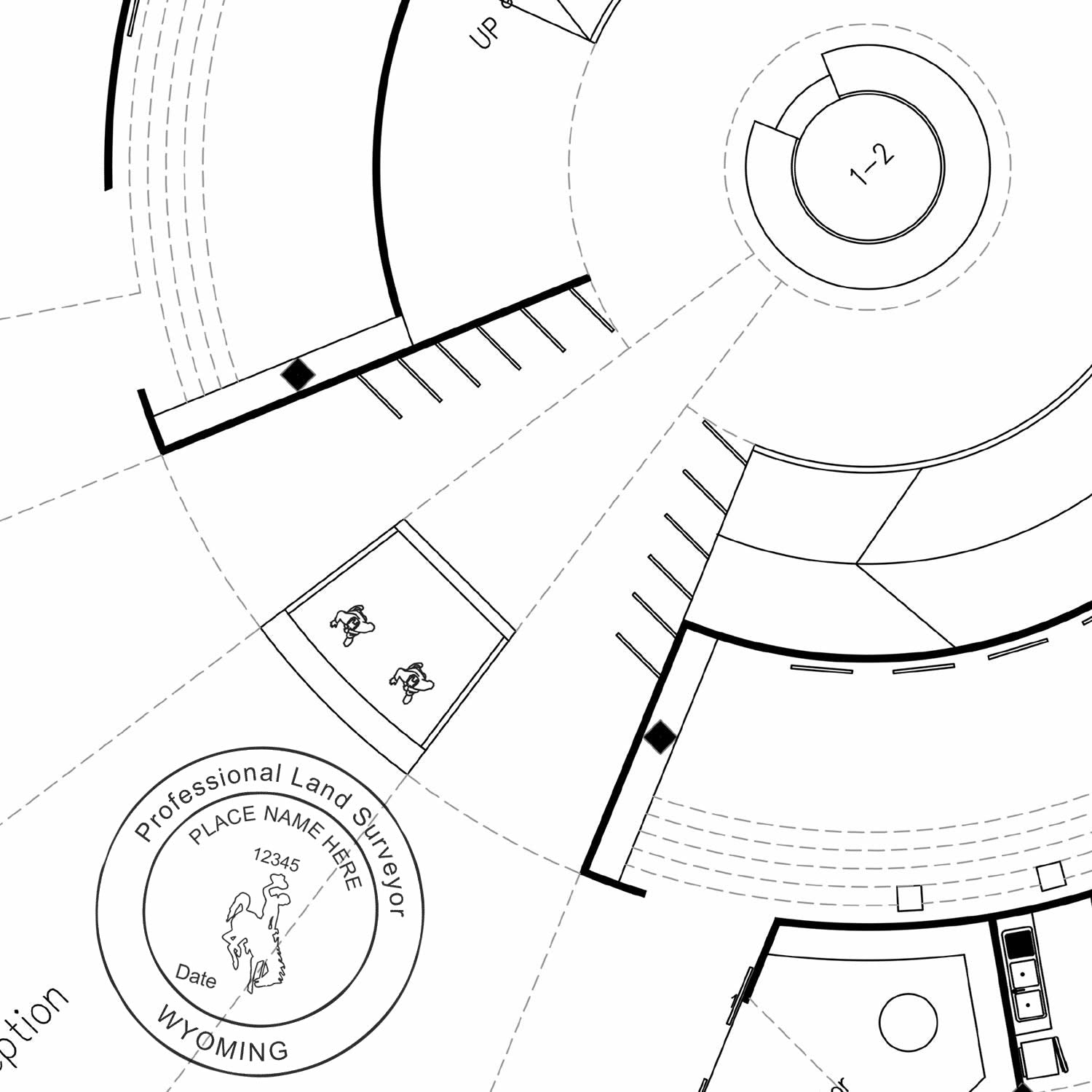 MaxLight Wyoming Surveyors Pre-Inked Stamp used on an architectural blueprint, showing clear and precise stamp impressions.