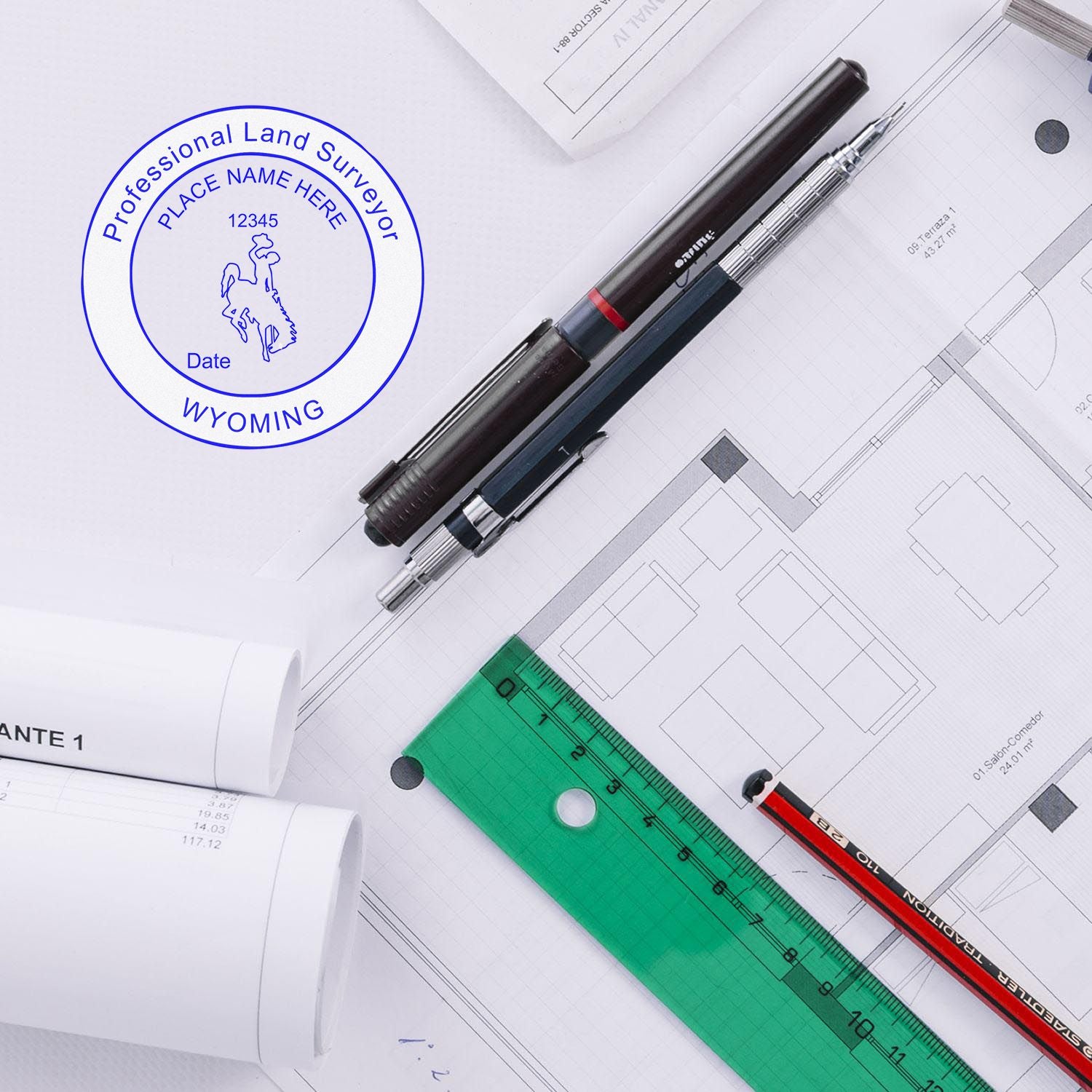 Another Example of a stamped impression of the Slim Pre-Inked Wyoming Land Surveyor Seal Stamp on a piece of office paper.