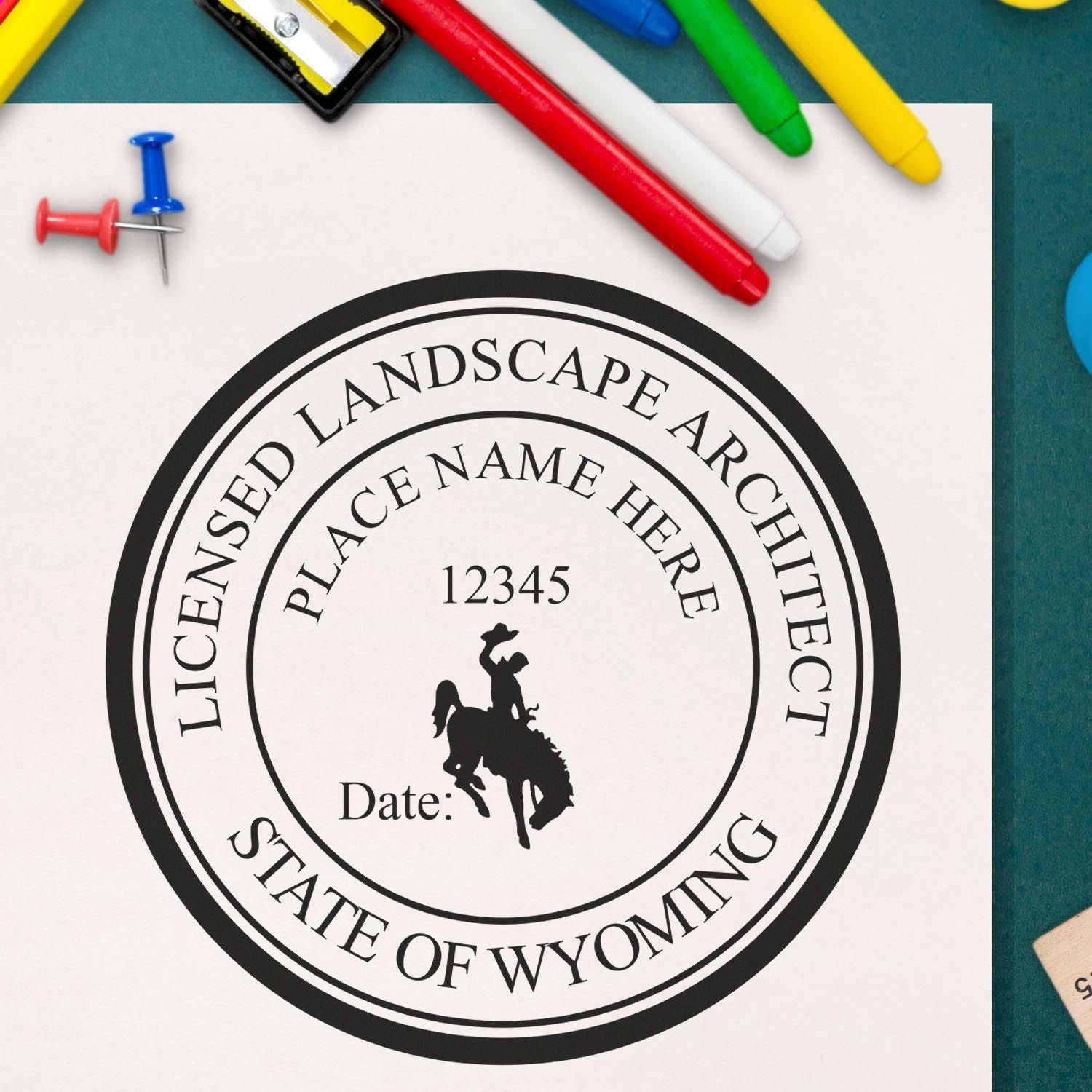 The main image for the Digital Wyoming Landscape Architect Stamp depicting a sample of the imprint and electronic files