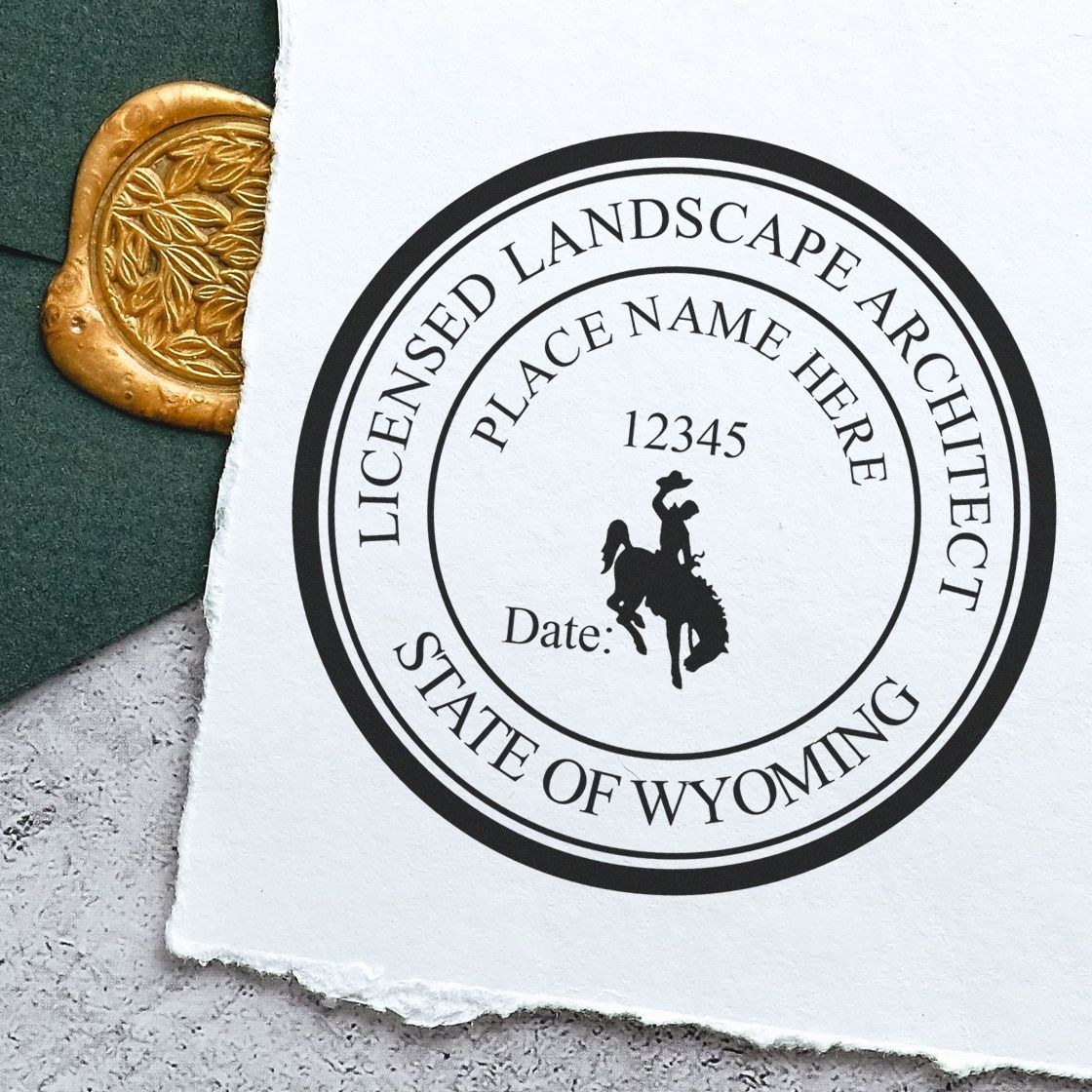 This paper is stamped with a sample imprint of the Slim Pre-Inked Wyoming Landscape Architect Seal Stamp, signifying its quality and reliability.