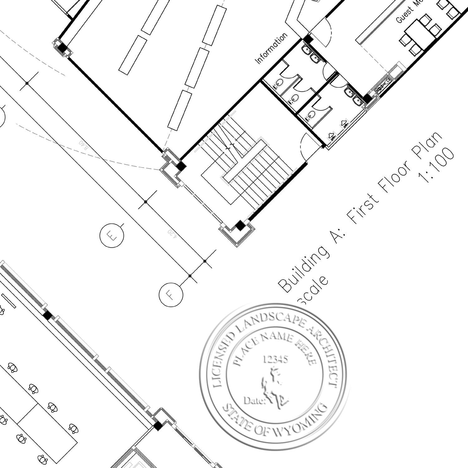 The State of Wyoming Handheld Landscape Architect Seal stamp impression comes to life with a crisp, detailed photo on paper - showcasing true professional quality.