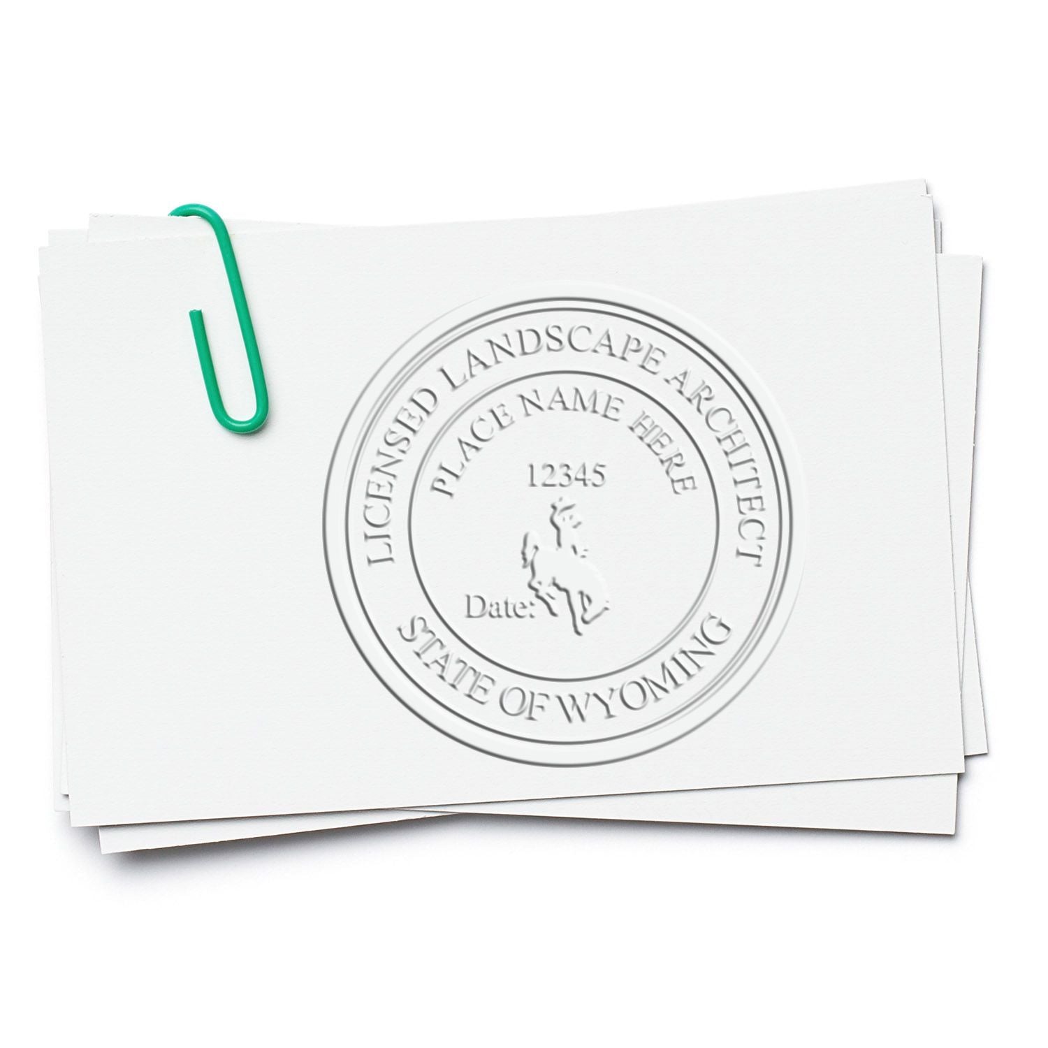 A photograph of the State of Wyoming Extended Long Reach Landscape Architect Seal Embosser stamp impression reveals a vivid, professional image of the on paper.