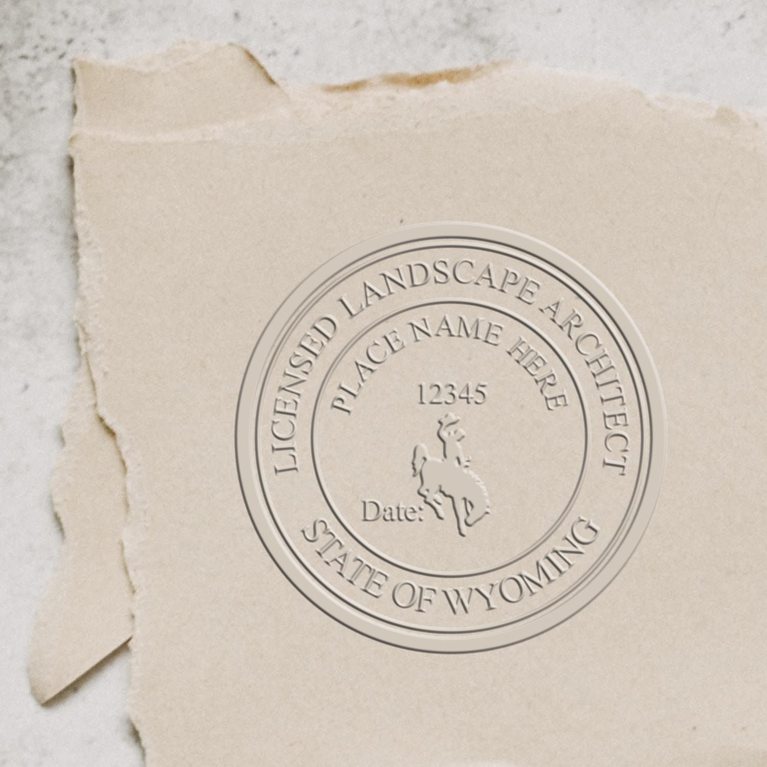 A photograph of the State of Wyoming Handheld Landscape Architect Seal stamp impression reveals a vivid, professional image of the on paper.