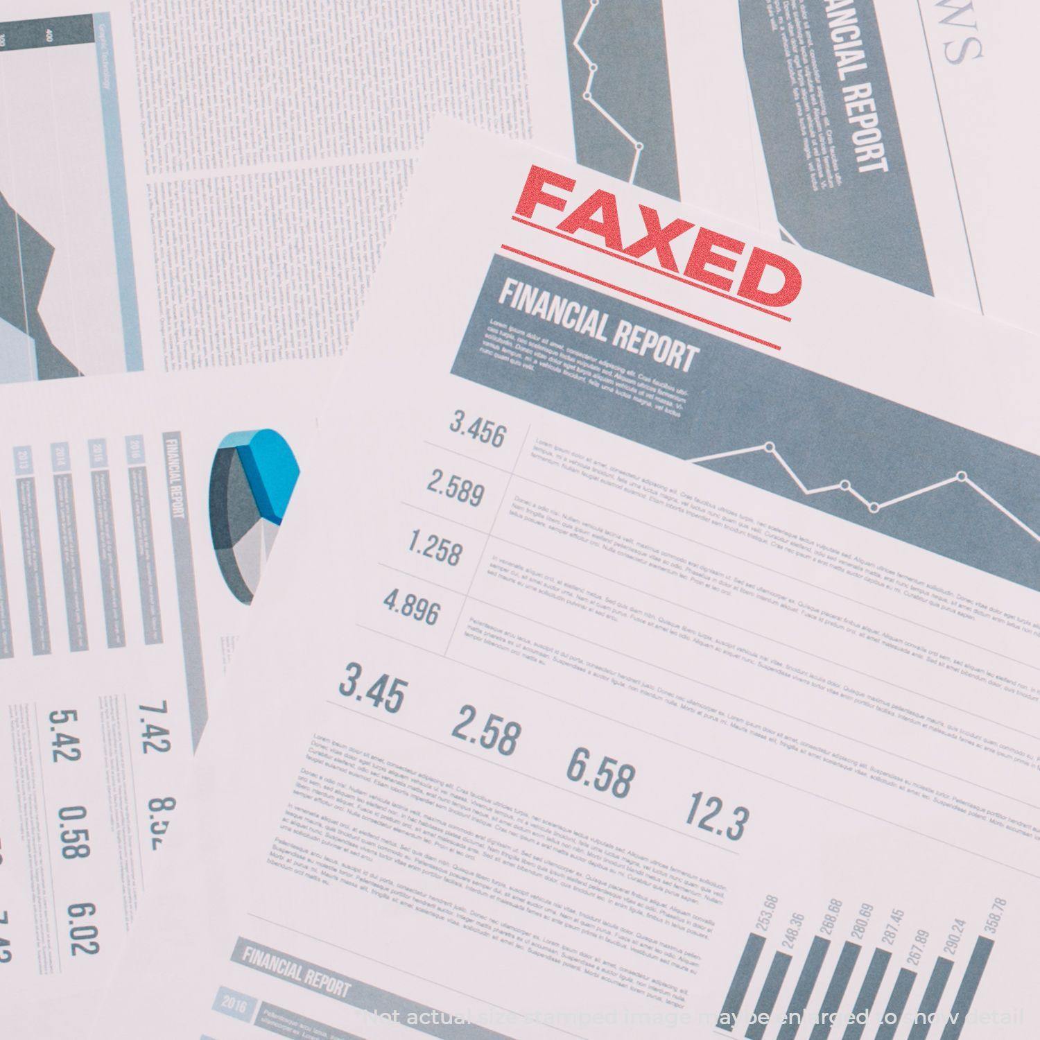 Financial documents stamped with the Jumbo Bold Red Faxed Xstamper Stamp, indicating they have been faxed.