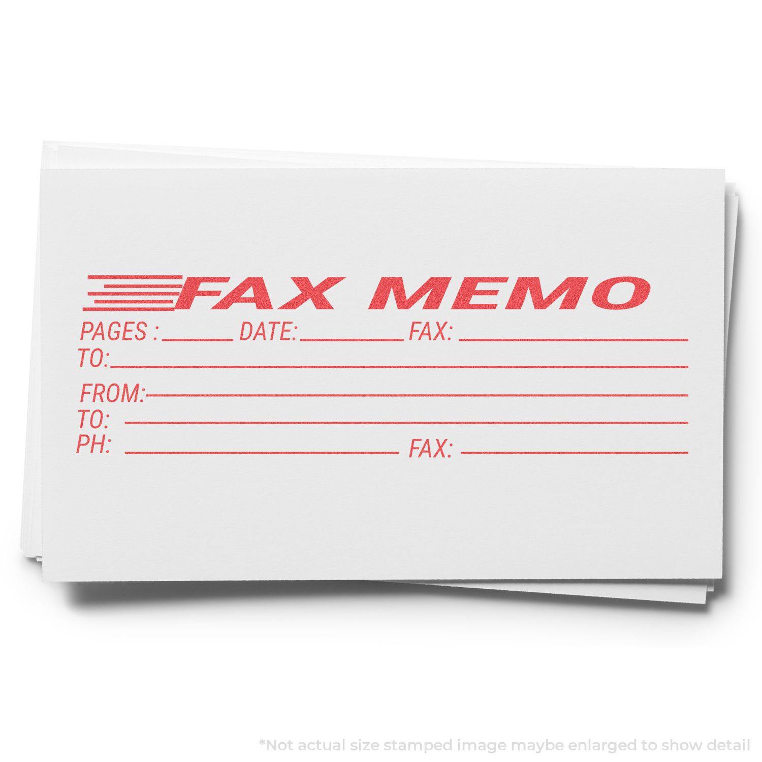 Jumbo Fax Memo Xstamper Stamp in use, showing a red stamp imprint on a white paper with fields for pages, date, fax, to, from, and phone.