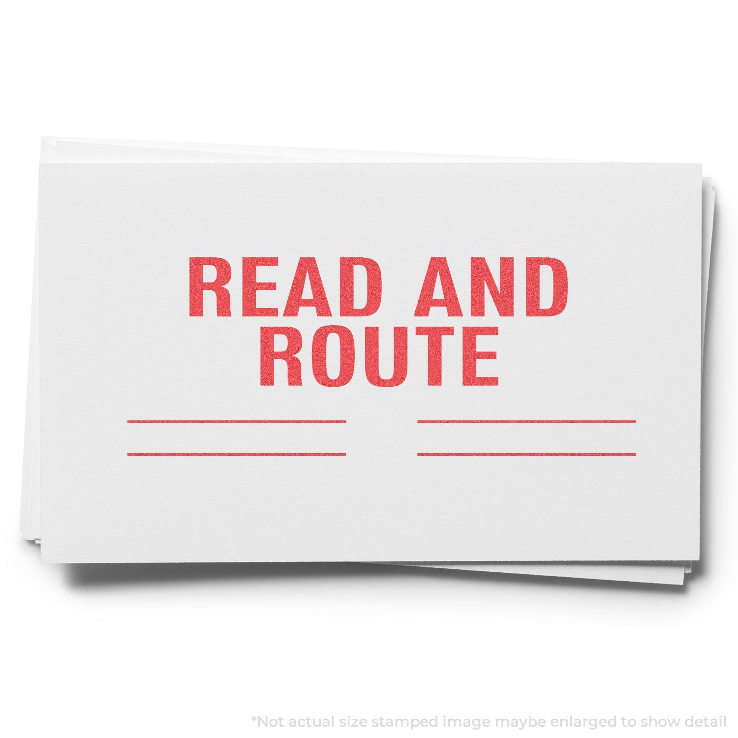 Jumbo Read And Route Xstamper Stamp imprint in red on white paper, displaying READ AND ROUTE with two lines below for additional notes.