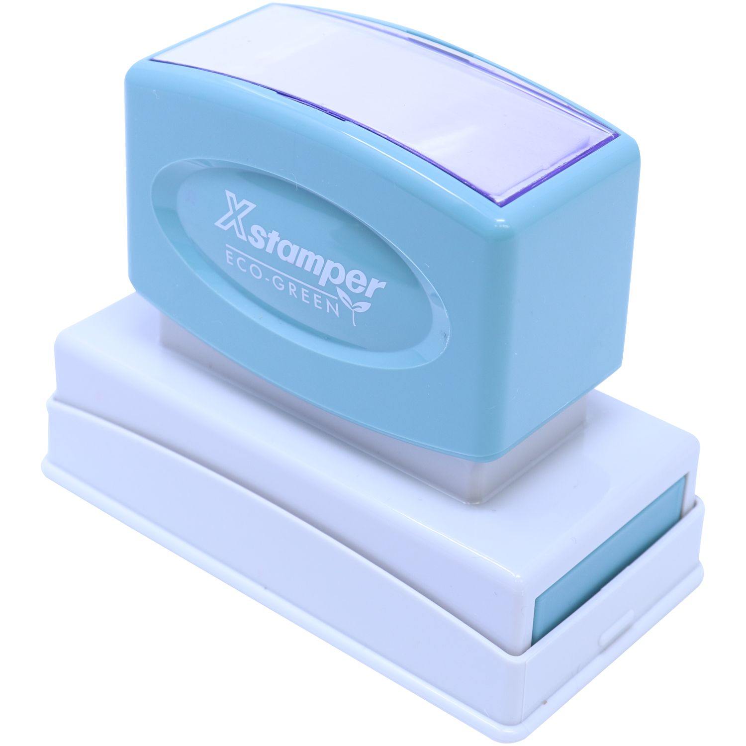 Jumbo Bold Red C.O.D. Xstamper Stamp with a blue and white design, featuring the Xstamper Eco-Green logo, angled view.