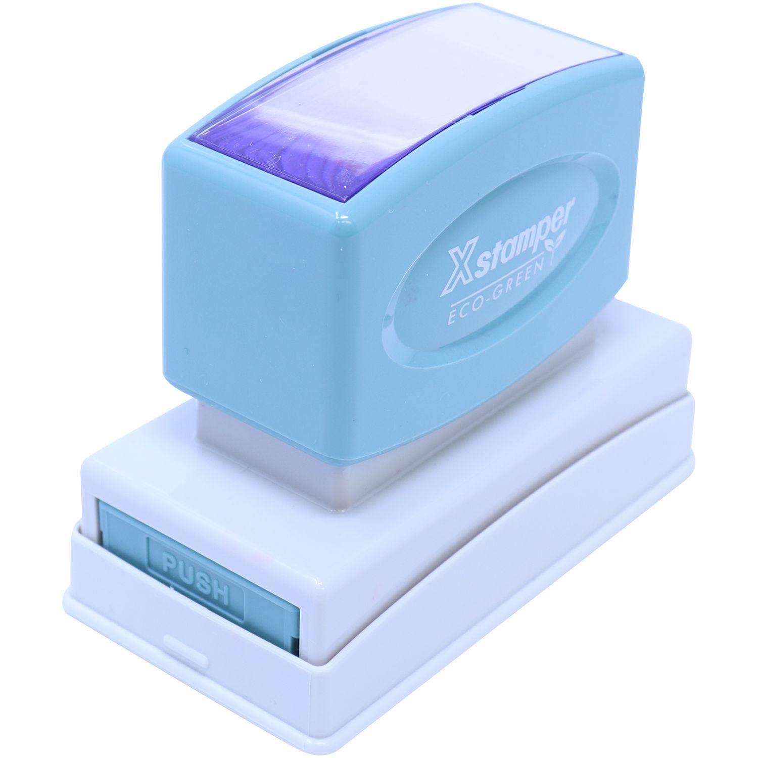 Jumbo Bold Red C.O.D. Xstamper Stamp with a blue and white design, featuring a push button and an eco-friendly label.