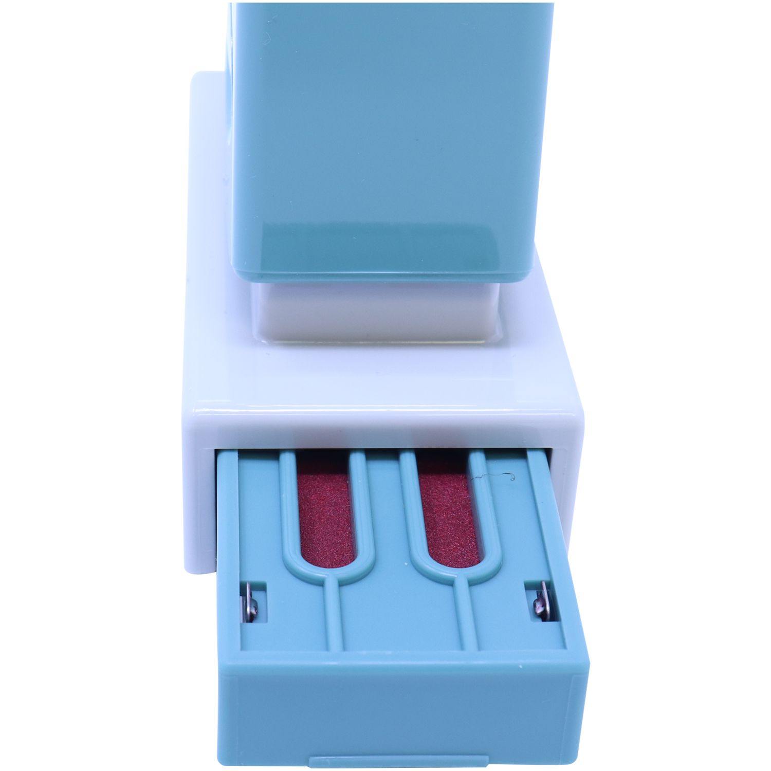 Jumbo Bold Red Faxed Xstamper Stamp with a blue and white body, showing the red ink cartridge drawer partially open.