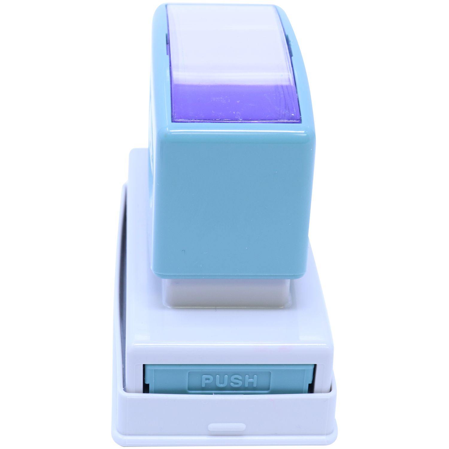 Image of a Jumbo Bold Red C.O.D. Xstamper Stamp with a blue and white body, featuring a PUSH button on the front and a purple stamping surface.