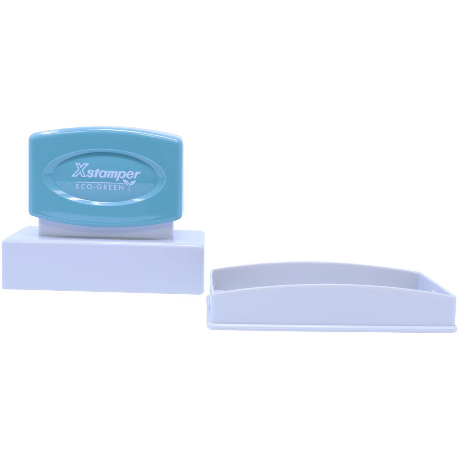 Jumbo Read And Route Xstamper Stamp with turquoise handle and white base, shown with its lid removed and placed beside it.