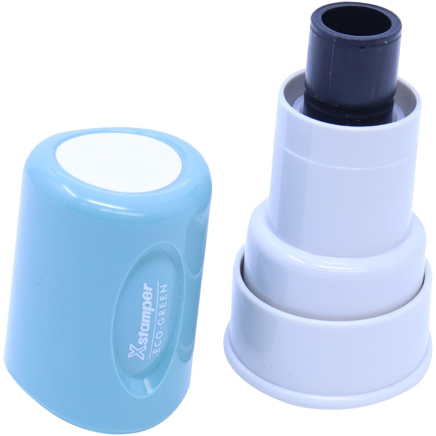 Round Arrow Xstamper Stamp in teal, shown with cap off, revealing the black ink pad and white base. Eco-friendly design.