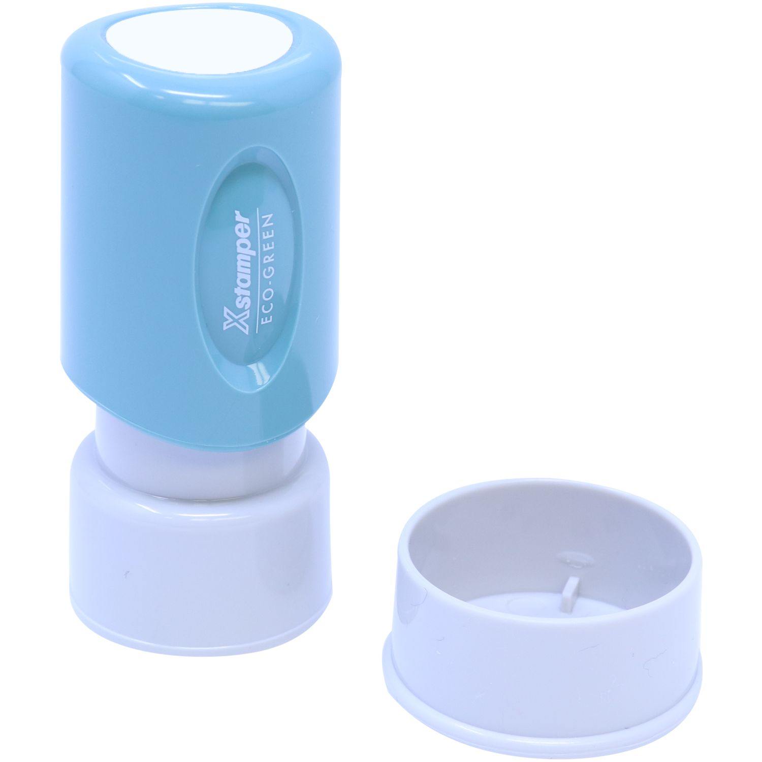 Round File Xstamper Stamp with a blue handle and white base, shown with its lid removed and placed beside it.