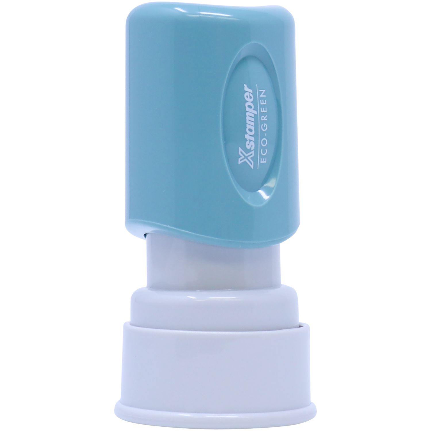 Round Blue Copy Xstamper Stamp with a light blue top and white base, featuring the Xstamper logo and ECO-GREEN text on the top.