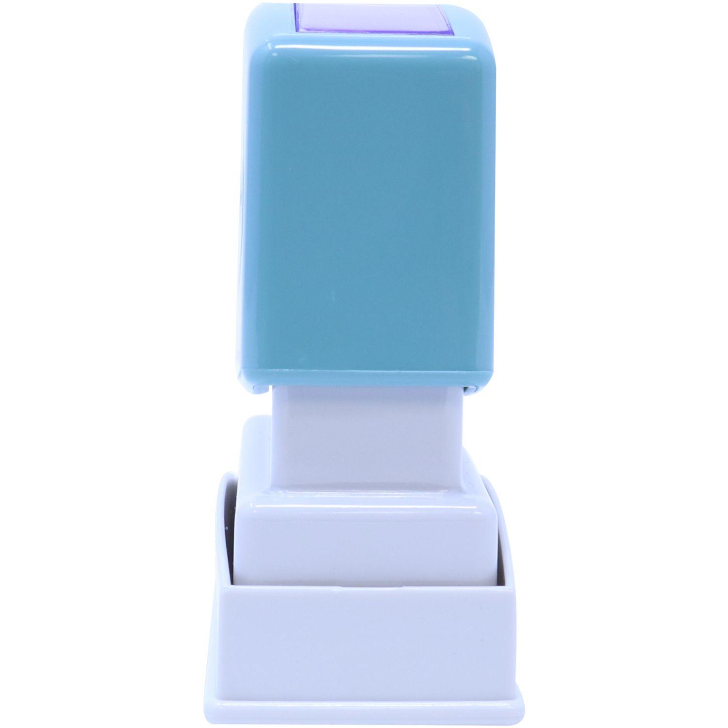 Expedite Xstamper Stamp in a blue and white design, side view, placed on a white base.