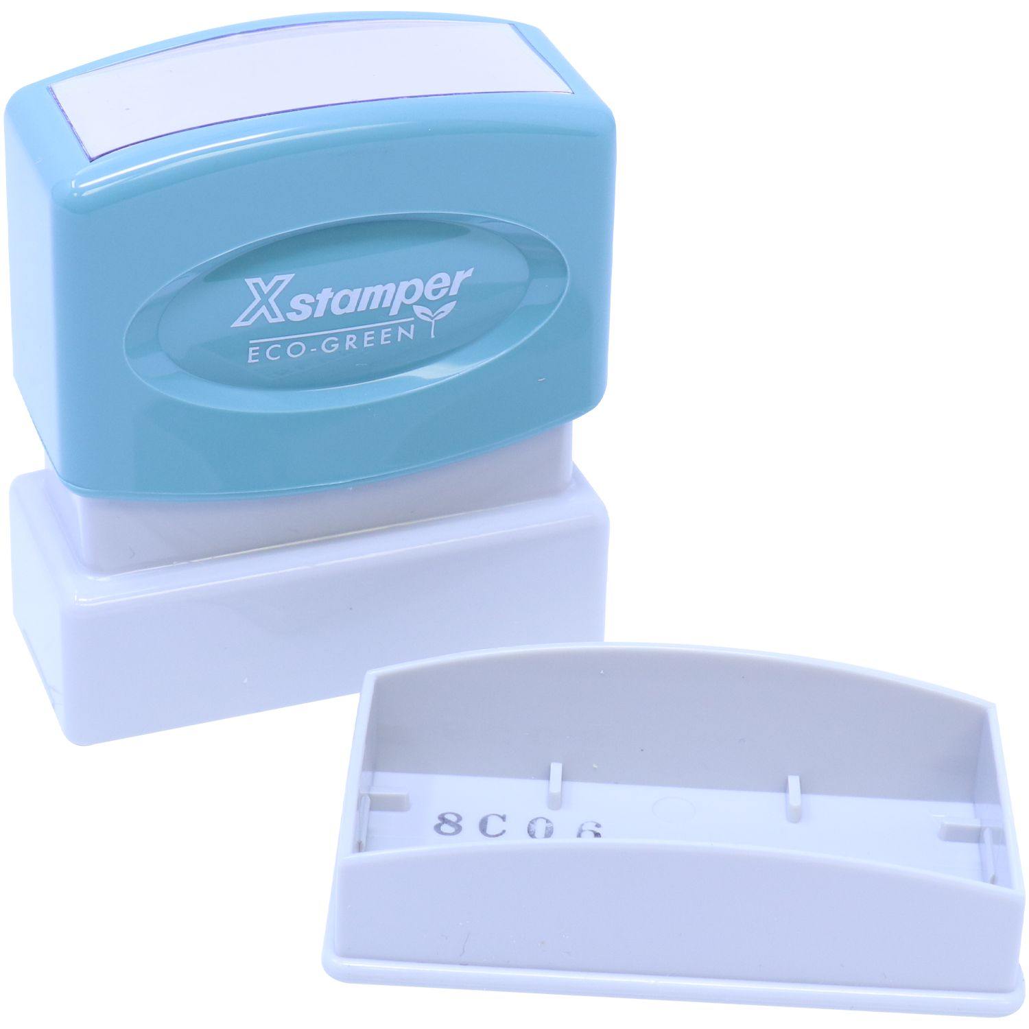 Two-Color Posted Xstamper Stamp with a blue top and white base, shown with its lid removed and placed beside it.