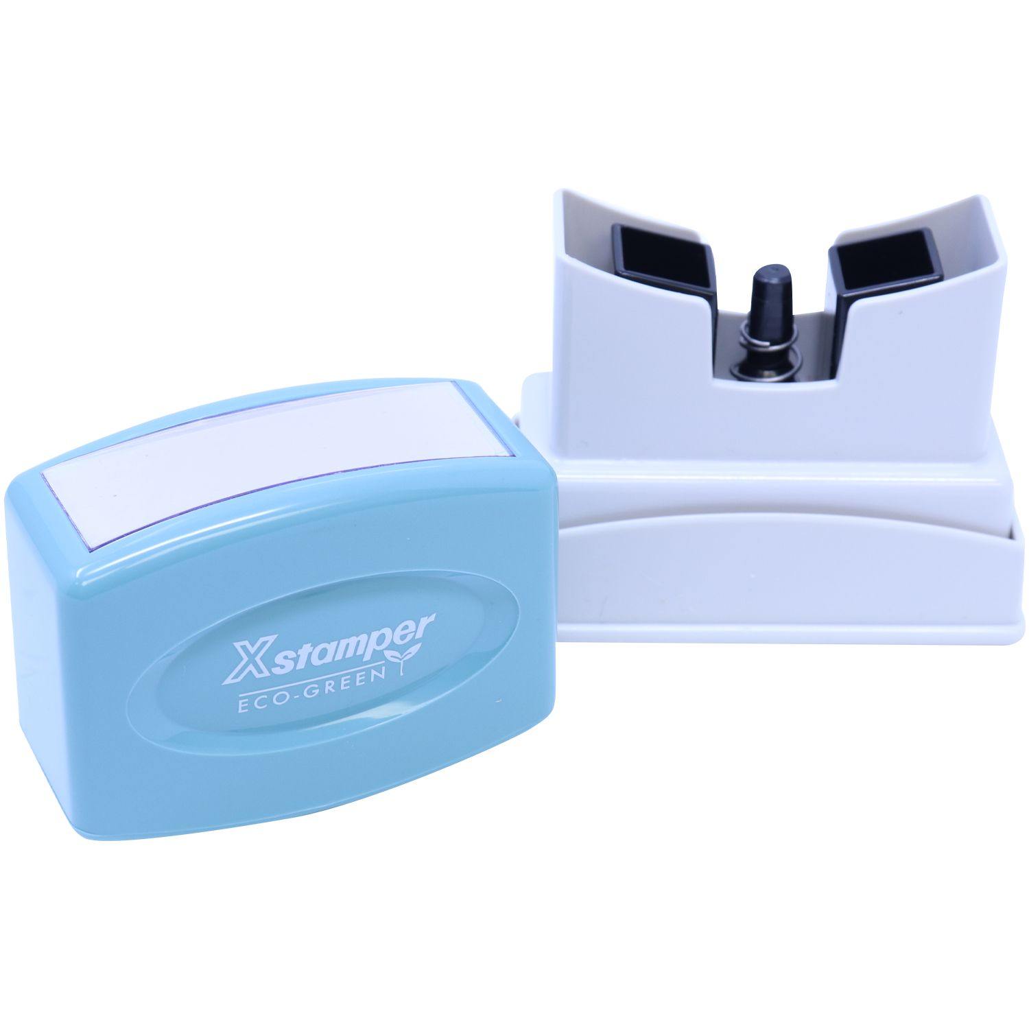 Two-Color Posted Xstamper Stamp with blue casing and white base, shown with the stamp and re-inking station.